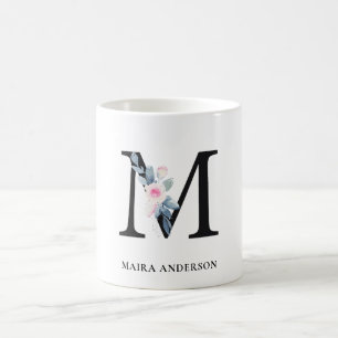 SOFT BLUSH BLUE FLORAL ALPHABETS NAME LETTER M COFFEE MUG