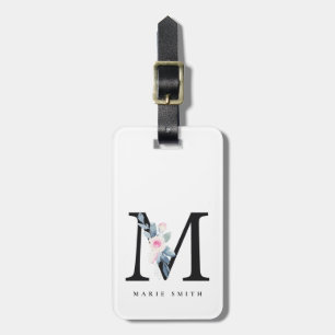 SOFT BLUSH BLUE FLORAL ALPHABETS NAME LETTER M LUGGAGE TAG