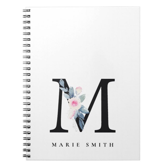SOFT BLUSH BLUE FLORAL ALPHABETS NAME LETTER M NOTEBOOK (Front)