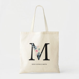 SOFT BLUSH BLUE FLORAL ALPHABETS NAME LETTER M TOTE BAG