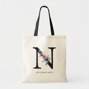 SOFT BLUSH BLUE FLORAL ALPHABETS NAME LETTER N TOTE BAG