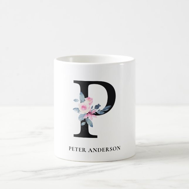 SOFT BLUSH BLUE FLORAL ALPHABETS NAME LETTER P COFFEE MUG (Center)
