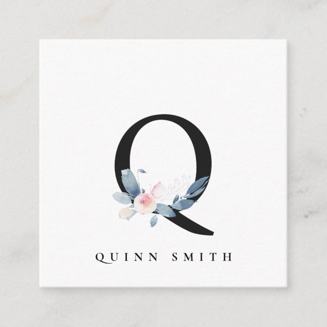 SOFT BLUSH BLUE FLORAL ALPHABETS NAME LETTER Q SQUARE BUSINESS CARD (Front)