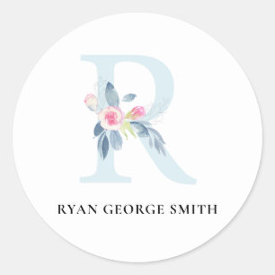 SOFT BLUSH BLUE FLORAL ALPHABETS NAME LETTER R CLASSIC ROUND STICKER