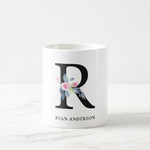 SOFT BLUSH BLUE FLORAL ALPHABETS NAME LETTER R COFFEE MUG