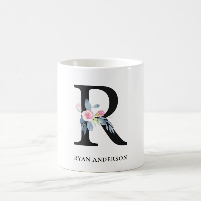 SOFT BLUSH BLUE FLORAL ALPHABETS NAME LETTER R COFFEE MUG (Center)