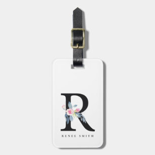 SOFT BLUSH BLUE FLORAL ALPHABETS NAME LETTER R LUGGAGE TAG