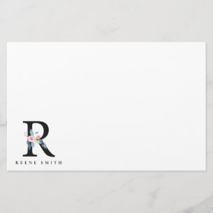 SOFT BLUSH BLUE FLORAL ALPHABETS NAME LETTER R STATIONERY