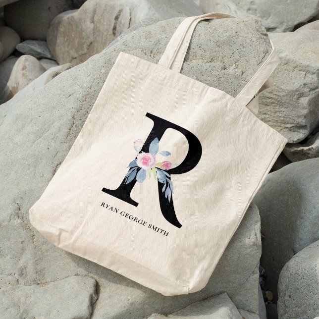SOFT BLUSH BLUE FLORAL ALPHABETS NAME LETTER R TOTE BAG (Creator Uploaded)