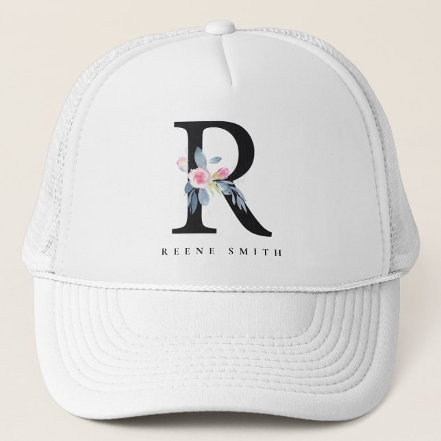 SOFT BLUSH BLUE FLORAL ALPHABETS NAME LETTER R TRUCKER HAT (Front)