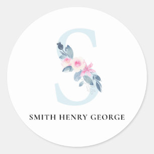 SOFT BLUSH BLUE FLORAL ALPHABETS NAME LETTER S CLASSIC ROUND STICKER