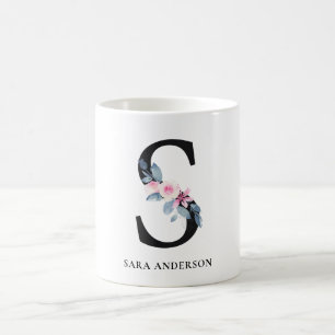 SOFT BLUSH BLUE FLORAL ALPHABETS NAME LETTER S COFFEE MUG