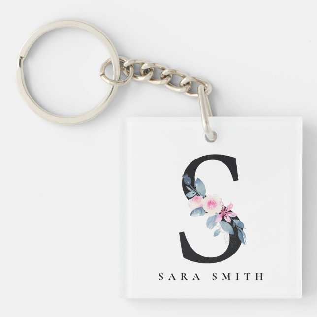 SOFT BLUSH BLUE FLORAL ALPHABETS NAME LETTER S KEY RING (Front)