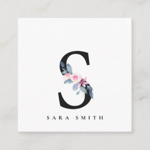 SOFT BLUSH BLUE FLORAL ALPHABETS NAME LETTER S SQUARE BUSINESS CARD