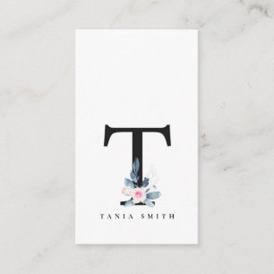 SOFT BLUSH BLUE FLORAL ALPHABETS NAME LETTER T BUSINESS CARD