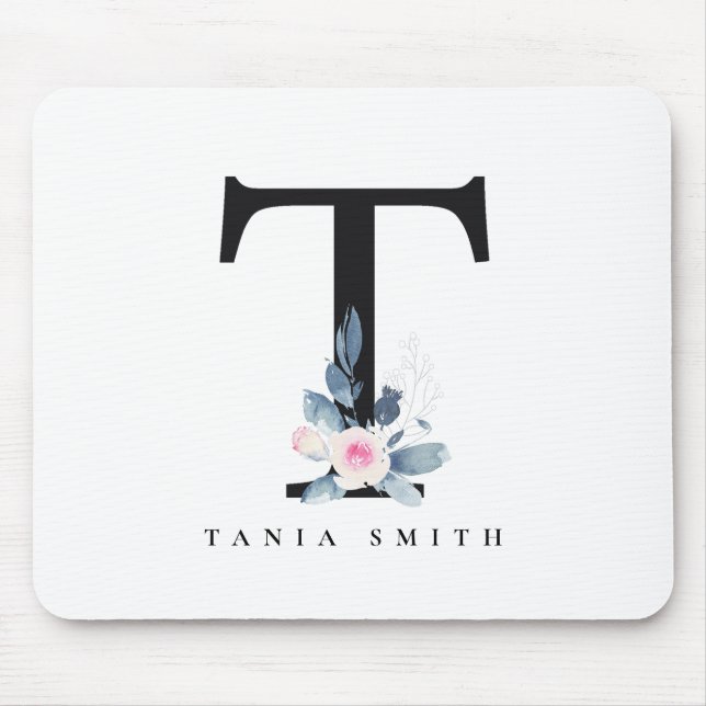 SOFT BLUSH BLUE FLORAL ALPHABETS NAME LETTER T MOUSE MAT (Front)
