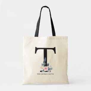 SOFT BLUSH BLUE FLORAL ALPHABETS NAME LETTER T TOTE BAG