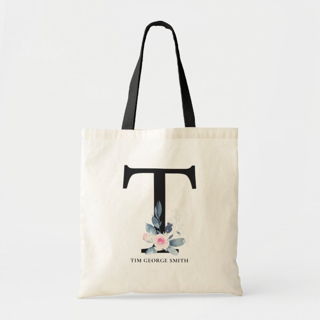 SOFT BLUSH BLUE FLORAL ALPHABETS NAME LETTER T TOTE BAG (Front)