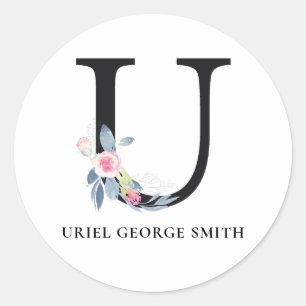 SOFT BLUSH BLUE FLORAL ALPHABETS NAME LETTER U CLASSIC ROUND STICKER