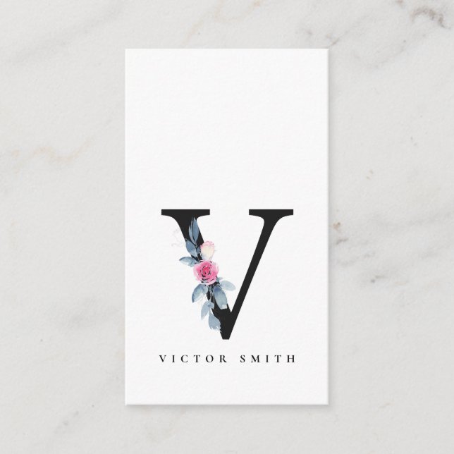 SOFT BLUSH BLUE FLORAL ALPHABETS NAME LETTER V BUSINESS CARD (Front)