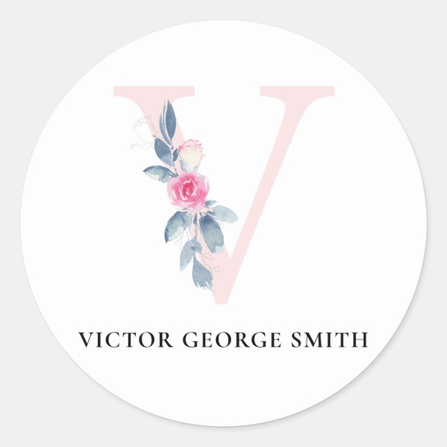 SOFT BLUSH BLUE FLORAL ALPHABETS NAME LETTER V CLASSIC ROUND STICKER (Front)