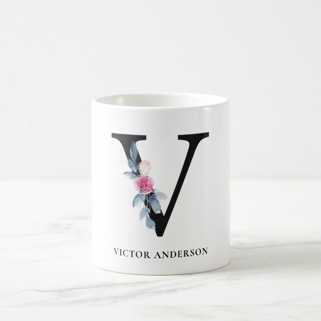 SOFT BLUSH BLUE FLORAL ALPHABETS NAME LETTER V COFFEE MUG (Center)
