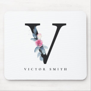 SOFT BLUSH BLUE FLORAL ALPHABETS NAME LETTER V MOUSE MAT