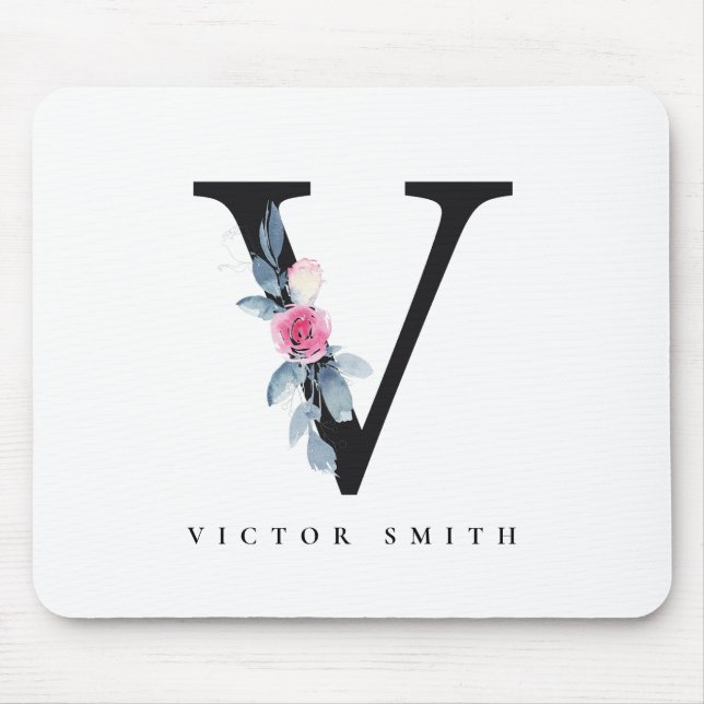 SOFT BLUSH BLUE FLORAL ALPHABETS NAME LETTER V MOUSE MAT (Front)