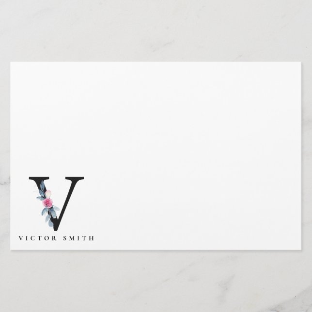 SOFT BLUSH BLUE FLORAL ALPHABETS NAME LETTER V STATIONERY (Front)