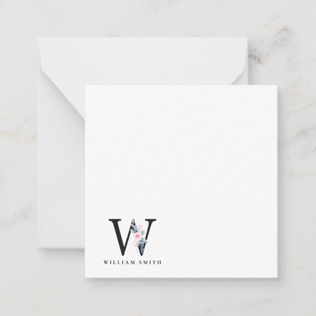 SOFT BLUSH BLUE FLORAL ALPHABETS NAME LETTER W CARD (Front)