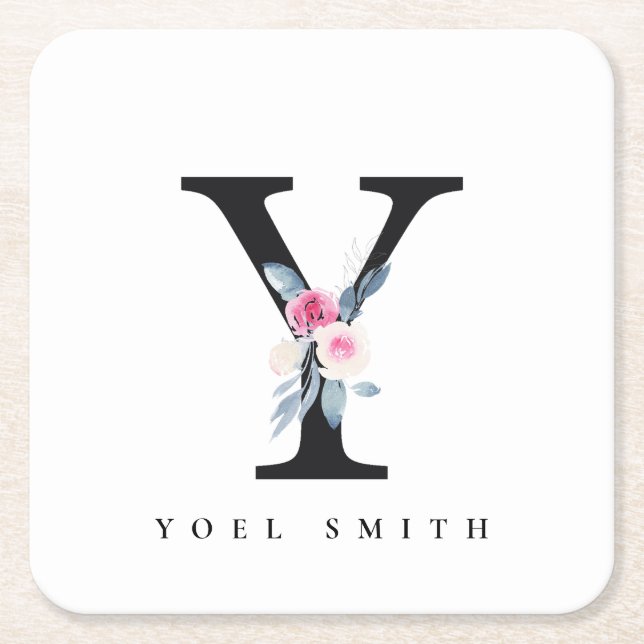 SOFT BLUSH BLUE FLORAL ALPHABETS NAME LETTER Y SQUARE PAPER COASTER (Front)