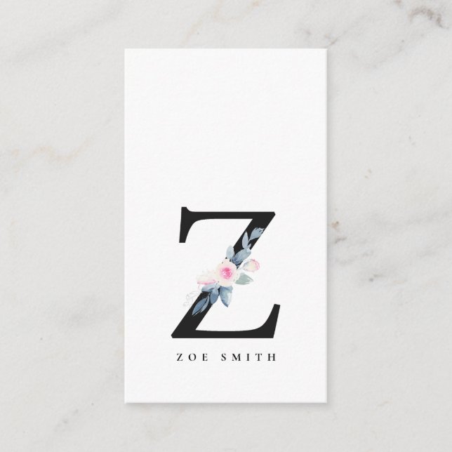 SOFT BLUSH BLUE FLORAL ALPHABETS NAME LETTER Z BUSINESS CARD (Front)