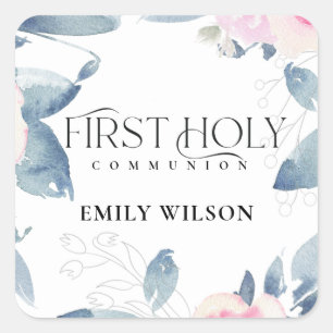 SOFT BLUSH BLUE FLORAL FRAME FIRST HOLY COMMUNION SQUARE STICKER