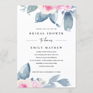 SOFT BLUSH BLUE FLORAL WATERCOLOR BRIDAL SHOWER INVITATION