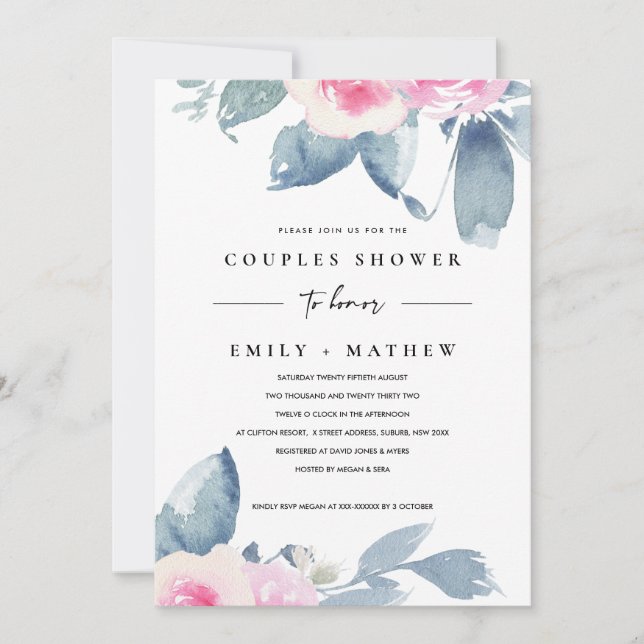 SOFT BLUSH BLUE FLORAL WATERCOLOR COUPLES SHOWER INVITATION (Front)