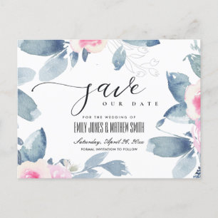 SOFT BLUSH BLUE FLORAL WATERCOLOR SAVE THE DATE ANNOUNCEMENT POSTCARD