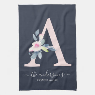 SOFT BLUSH BLUE NAVY FLORAL ALPHABETS LETTER A TEA TOWEL