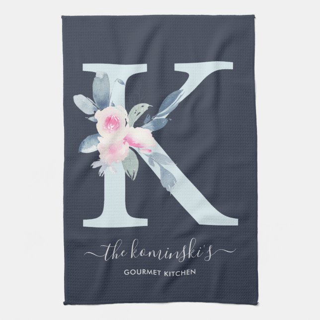 SOFT BLUSH BLUE NAVY FLORAL ALPHABETS LETTER K TEA TOWEL (Vertical)
