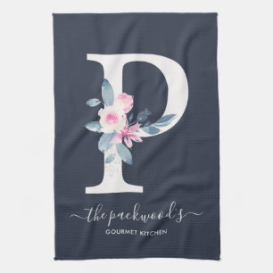 SOFT BLUSH BLUE NAVY FLORAL ALPHABETS LETTER P TEA TOWEL