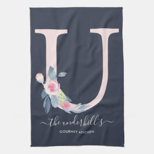 SOFT BLUSH BLUE NAVY FLORAL ALPHABETS LETTER U TEA TOWEL