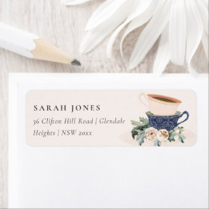Soft Blush Blue Stacked Tea Cups Floral Address