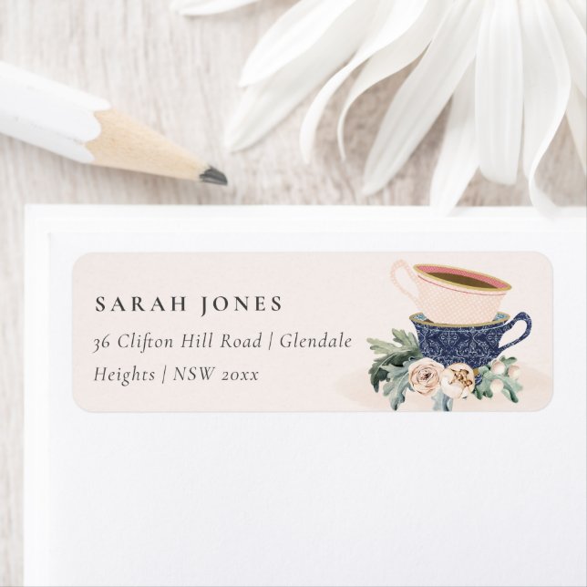 Soft Blush Blue Stacked Tea Cups Floral Address (Insitu)
