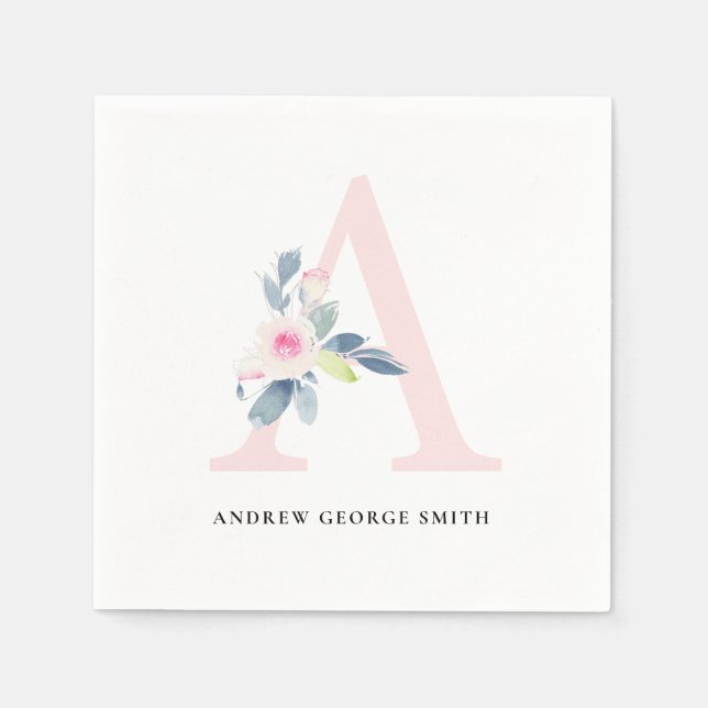 SOFT BLUSH BLUE WHITE FLORAL ALPHABETS LETTER A NAPKIN (Front)