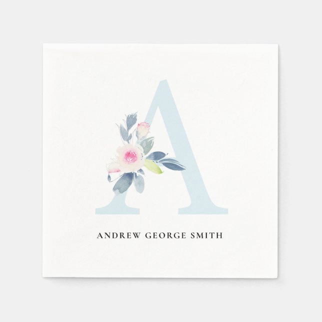 SOFT BLUSH BLUE WHITE FLORAL ALPHABETS LETTER A NAPKIN (Front)