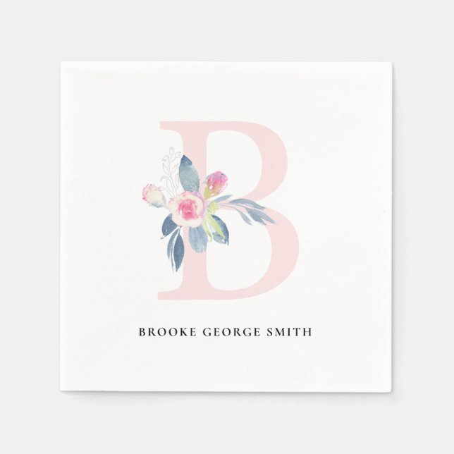 SOFT BLUSH BLUE WHITE FLORAL ALPHABETS LETTER B NAPKIN (Front)