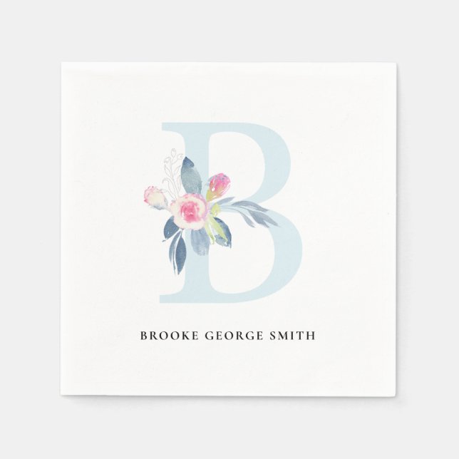 SOFT BLUSH BLUE WHITE FLORAL ALPHABETS LETTER B NAPKIN (Front)