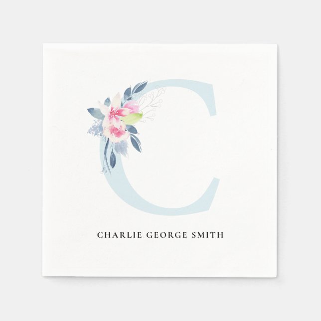 SOFT BLUSH BLUE WHITE FLORAL ALPHABETS LETTER C NAPKIN (Front)