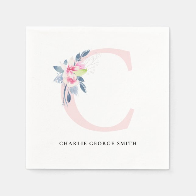 SOFT BLUSH BLUE WHITE FLORAL ALPHABETS LETTER C NAPKIN (Front)