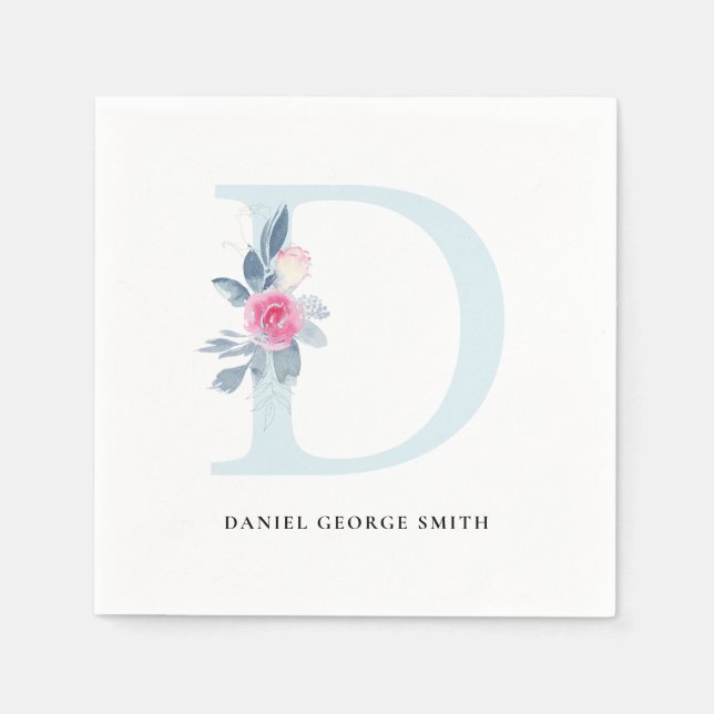 SOFT BLUSH BLUE WHITE FLORAL ALPHABETS LETTER D NAPKIN (Front)