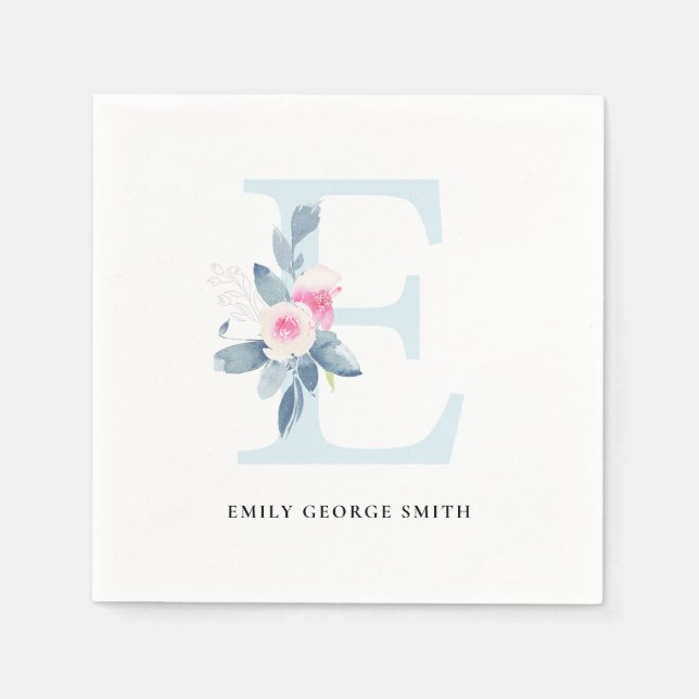 SOFT BLUSH BLUE WHITE FLORAL ALPHABETS LETTER E NAPKIN (Front)